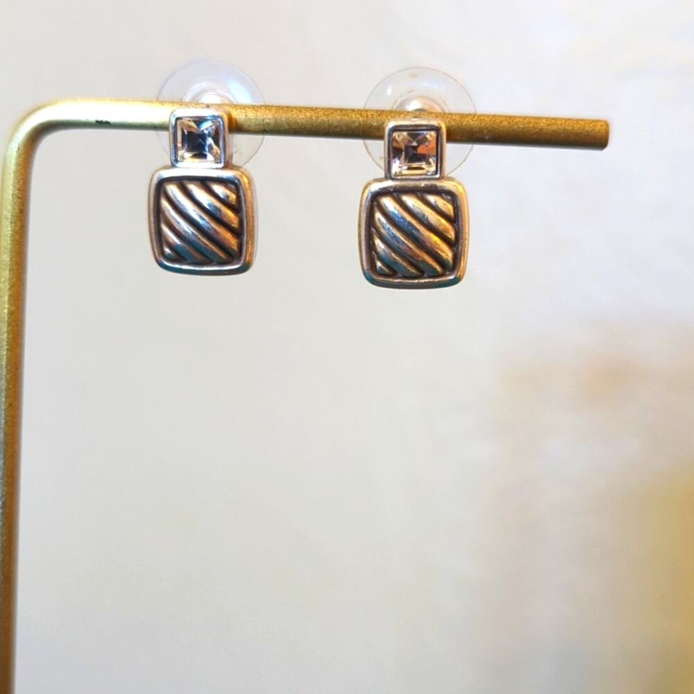 Silver Tone Textured Square W/ Emerald Cut Rhinestone Post Earring